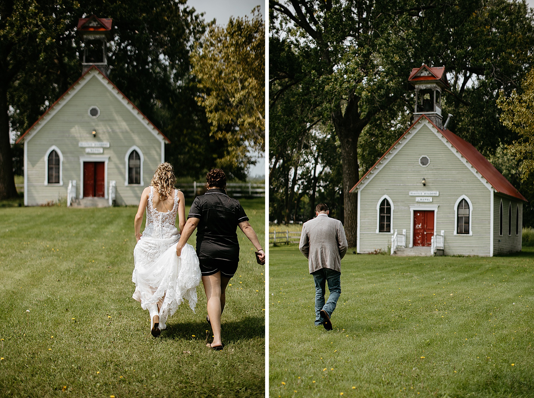 The bride and groom have their first look in the Prairie Meadows Venue chapel.