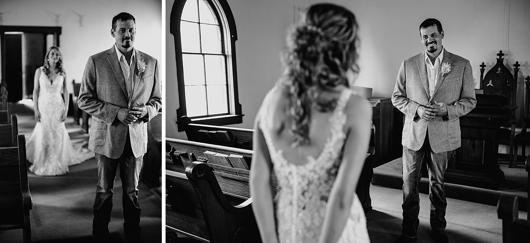 The bride and groom have their first look in the Prairie Meadows Venue chapel.