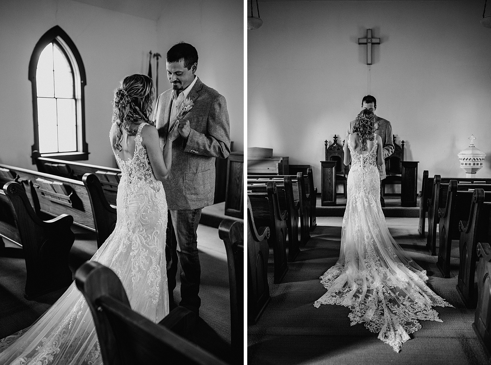 The bride and groom have their first look in the Prairie Meadows Venue chapel.