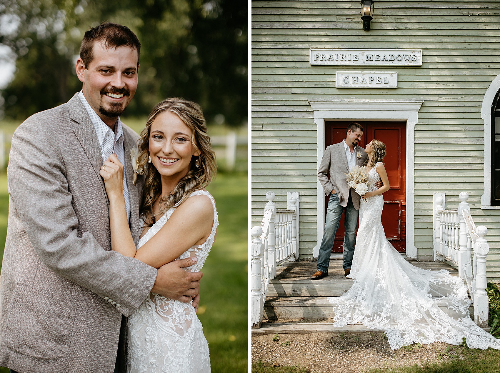 The bride and groom have their first look in the Prairie Meadows Venue chapel.